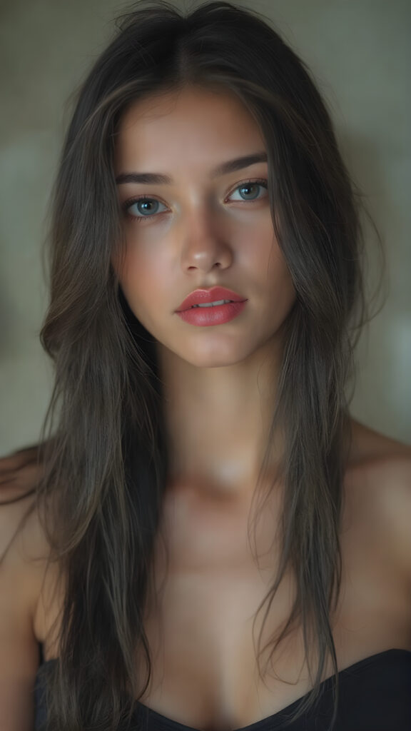 A (((very young, (((well-bustified cute valkyrie with a sleek, toned and tan body))), with long, straight soft black hair, wearing a ((short, tight, low-cut tank top)) that accentuates her ((perfectly round face)) and flawlessly smooth skin. Her ((full kissable lips)) are painted in a (bright red lipstick) that complements her (((seductive eyes))), which are framed by (black eye makeup) that enhances her (alluring gaze). (((Her youthful complexion is evident from her (freshly shampooed locks), whose curls gracefully frame her face in a (seductive pose). The scene is set against a (softly backlit backdrop) that (flatters her figure) and (enhances her alluring gaze)