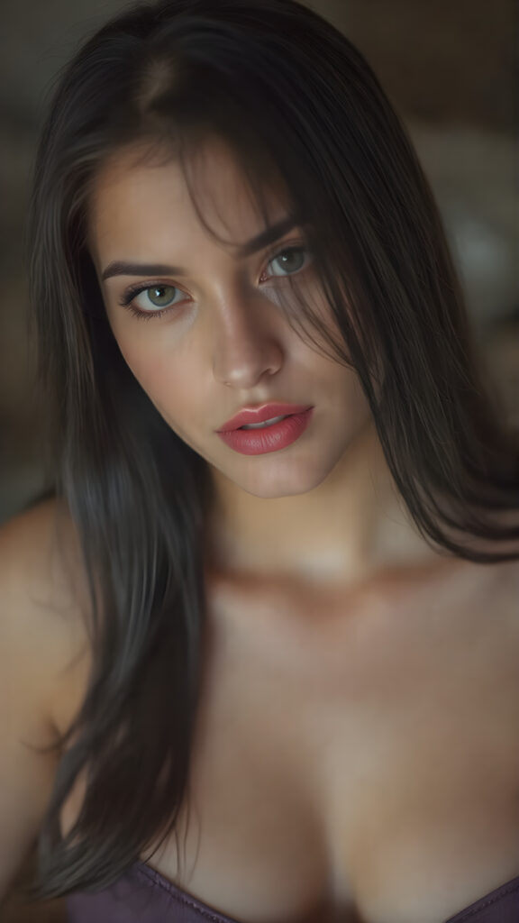 A (((very young, (((well-bustified cute valkyrie with a sleek, toned and tan body))), with long, straight soft black hair, wearing a ((short, tight, low-cut tank top)) that accentuates her ((perfectly round face)) and flawlessly smooth skin. Her ((full kissable lips)) are painted in a (bright red lipstick) that complements her (((seductive eyes))), which are framed by (black eye makeup) that enhances her (alluring gaze). (((Her youthful complexion is evident from her (freshly shampooed locks), whose curls gracefully frame her face in a (seductive pose). The scene is set against a (softly backlit backdrop) that (flatters her figure) and (enhances her alluring gaze)