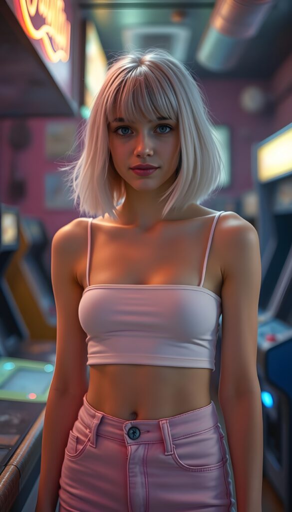 A vibrant 80s retro bar scene featuring a young girl with silky white hair adorned with blond highlights cascading to her shoulder, perfect bob cut. Bangs cut frame her round face. She wears a skin-tight, cropped plain and smooth single-color white spaghetti strap top and a playful pink plain straight jeans pants that accentuates her figure. The setting is lively, filled with neon lights and classic arcade machines, with a dynamic composition capturing the energy of the era. Soft ambient lighting highlights her silhouette, creating a nostalgic yet striking visual. You can see her cute round belly button.