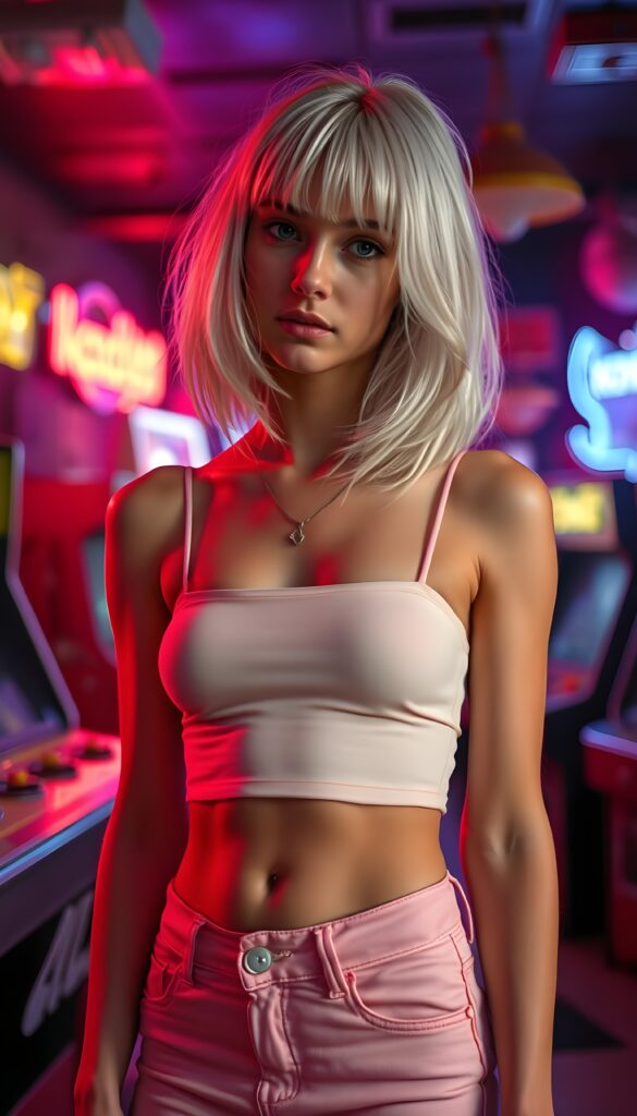 A vibrant 80s retro bar scene featuring a young girl with silky white hair adorned with blond highlights cascading to her shoulder, perfect bob cut. Bangs cut frame her round face. She wears a skin-tight, cropped plain and smooth single-color white spaghetti strap top and a playful pink plain straight jeans pants that accentuates her figure. The setting is lively, filled with neon lights and classic arcade machines, with a dynamic composition capturing the energy of the era. Soft ambient lighting highlights her silhouette, creating a nostalgic yet striking visual. You can see her cute round belly button.