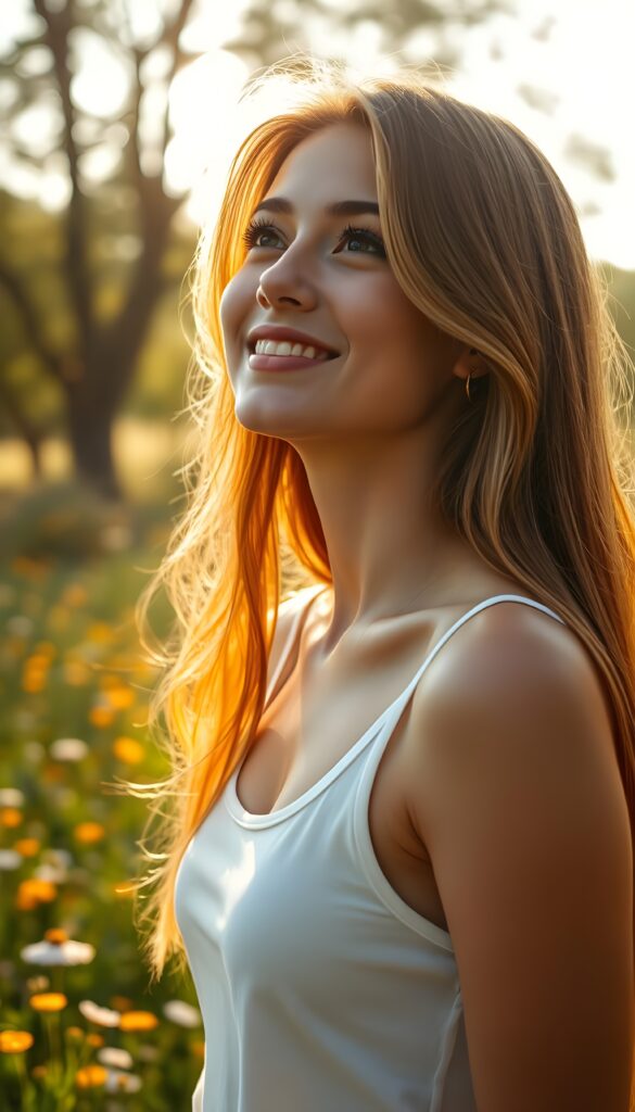A vibrant and detailed portrait of a young woman with long, straight amber hair with subtle blonde highlights, styled in a voluminous manner that frames her round face beautifully. She is dressed in a white, semi-transparent summer tank top that gently hugs her figure, revealing a hint of her shape beneath. The sunlight filters through the trees, casting a warm, golden glow on her face and illuminating her joyful expression as she gazes upward with a gentle smile. The background features a lush, sunlit meadow dotted with wildflowers, creating a serene and picturesque scene.