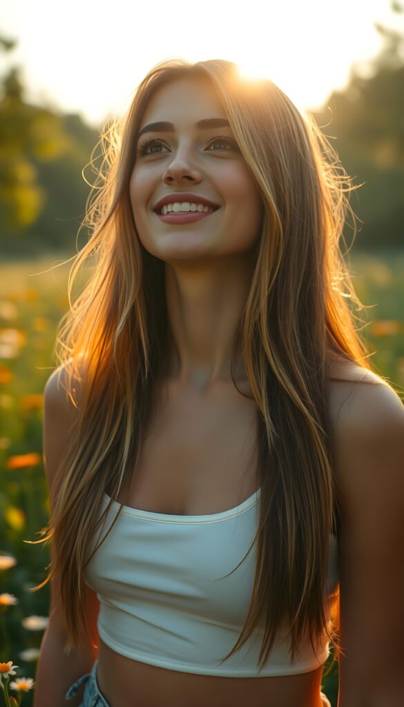 A vibrant and detailed portrait of a young woman with long, straight amber hair with subtle blonde highlights, styled in a voluminous manner that frames her round face beautifully. She is dressed in a white, semi-transparent summer tank top that gently hugs her figure, revealing a hint of her shape beneath. The sunlight filters through the trees, casting a warm, golden glow on her face and illuminating her joyful expression as she gazes upward with a gentle smile. The background features a lush, sunlit meadow dotted with wildflowers, creating a serene and picturesque scene.