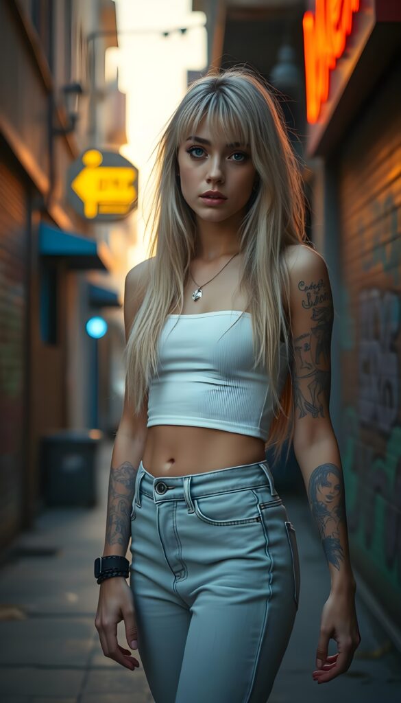 A vibrant and dynamic scene featuring a girl from a 1999-themed class reunion. The foreground is dominated by a young teen girl in a trendy white crop top and high-waisted jeans, showcasing her tattoos and leggins, standing confidently and posed seductive. Long platinum straight messy hair with blond highlights. Bangs. Her hair falls down to her hip. Her striking makeup highlights her bright, expressive eyes and full lips. The scene is set in an urban alley, bathed in a warm, golden-hour glow, with neon signs and graffiti adding a splash of color. The composition is lively, with a sense of movement and energy, capturing the essence of youthful exuberance and nostalgia. View from the front. Cute dark round belly button.