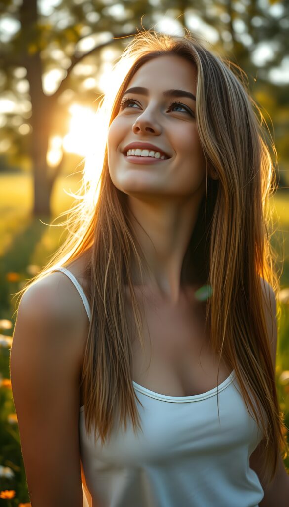 A vibrant and detailed portrait of a young woman with long, straight amber hair with subtle blonde highlights, styled in a voluminous manner that frames her round face beautifully. She is dressed in a white, semi-transparent summer tank top that gently hugs her figure, revealing a hint of her shape beneath. The sunlight filters through the trees, casting a warm, golden glow on her face and illuminating her joyful expression as she gazes upward with a gentle smile. The background features a lush, sunlit meadow dotted with wildflowers, creating a serene and picturesque scene.