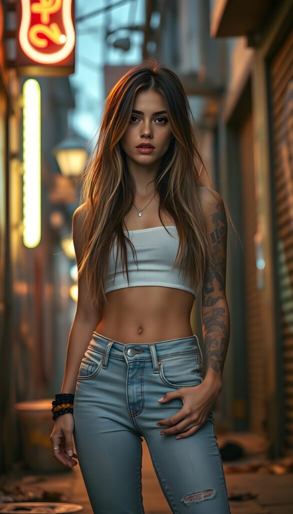 A vibrant and dynamic scene featuring a girl from a 1999-themed class reunion. The foreground is dominated by a young teen girl in a trendy white crop top and high-waisted jeans, showcasing her tattoos and leggins, standing confidently and posed seductive. Long brown straight messy hair with blond highlights reach to her hip. Her striking makeup highlights her bright, expressive eyes and full lips. The scene is set in an urban alley, bathed in a warm, golden-hour glow, with neon signs and graffiti adding a splash of color. The composition is lively, with a sense of movement and energy, capturing the essence of youthful exuberance and nostalgia. View from the front. Cute dark round belly button.