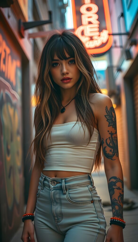 A vibrant and dynamic scene featuring a girl from a 1999-themed class reunion. The foreground is dominated by a young teen girl in a trendy white crop top and high-waisted jeans, showcasing her tattoos and leggins, standing confidently and posed seductive. Long brown straight messy hair with blond highlights reach to her hip. Her striking makeup highlights her bright, expressive eyes and full lips. The scene is set in an urban alley, bathed in a warm, golden-hour glow, with neon signs and graffiti adding a splash of color. The composition is lively, with a sense of movement and energy, capturing the essence of youthful exuberance and nostalgia. View from the front. Cute dark round belly button.