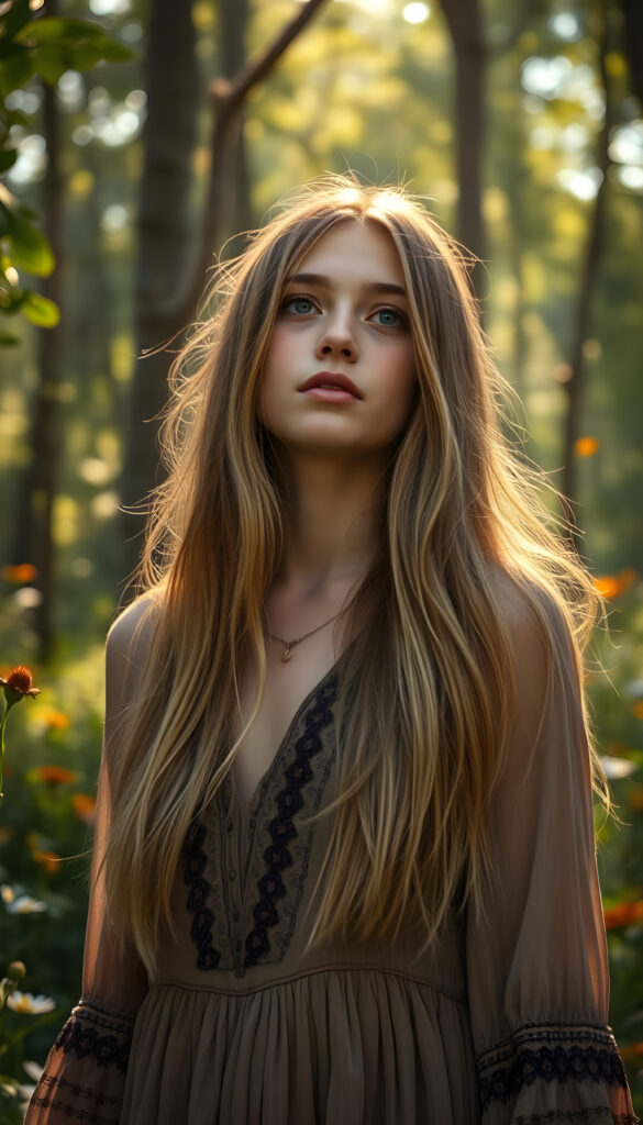 A vibrant and energetic young hippie teen girl, 18 years old, with flowing golden straight hair and flawless skin, stands against a backdrop of lush, whimsical forest. Her attire is a mix of earthy tones and bohemian flair, featuring a flowy, patterned dress with intricate embroidery. She has a dreamy expression, her full lips slightly parted as if in awe of the natural beauty surrounding her. The lighting is soft and ethereal, with sunbeams filtering through the trees, casting a golden glow and creating a magical atmosphere. The scene is alive with wildflowers and butterflies, enhancing the sense of peace and connection with nature.