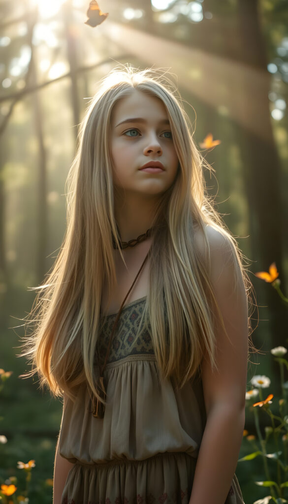 A vibrant and energetic young hippie teen girl, 18 years old, with flowing golden straight hair and flawless skin, stands against a backdrop of lush, whimsical forest. Her attire is a mix of earthy tones and bohemian flair, featuring a flowy, patterned dress with intricate embroidery. She has a dreamy expression, her full lips slightly parted as if in awe of the natural beauty surrounding her. The lighting is soft and ethereal, with sunbeams filtering through the trees, casting a golden glow and creating a magical atmosphere. The scene is alive with wildflowers and butterflies, enhancing the sense of peace and connection with nature.