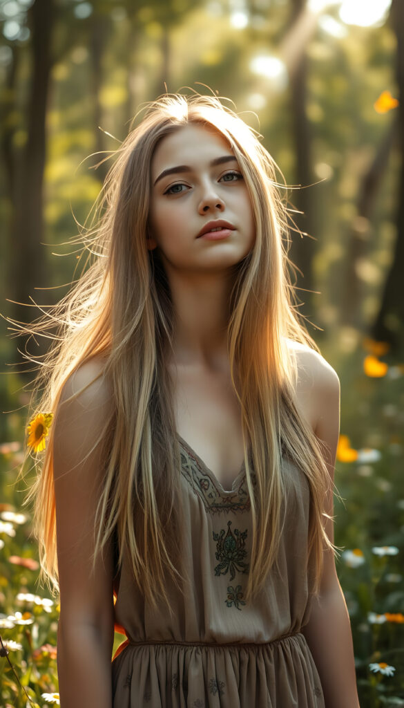 A vibrant and energetic young hippie teen girl, 18 years old, with flowing golden straight hair and flawless skin, stands against a backdrop of lush, whimsical forest. Her attire is a mix of earthy tones and bohemian flair, featuring a flowy, patterned dress with intricate embroidery. She has a dreamy expression, her full lips slightly parted as if in awe of the natural beauty surrounding her. The lighting is soft and ethereal, with sunbeams filtering through the trees, casting a golden glow and creating a magical atmosphere. The scene is alive with wildflowers and butterflies, enhancing the sense of peace and connection with nature.