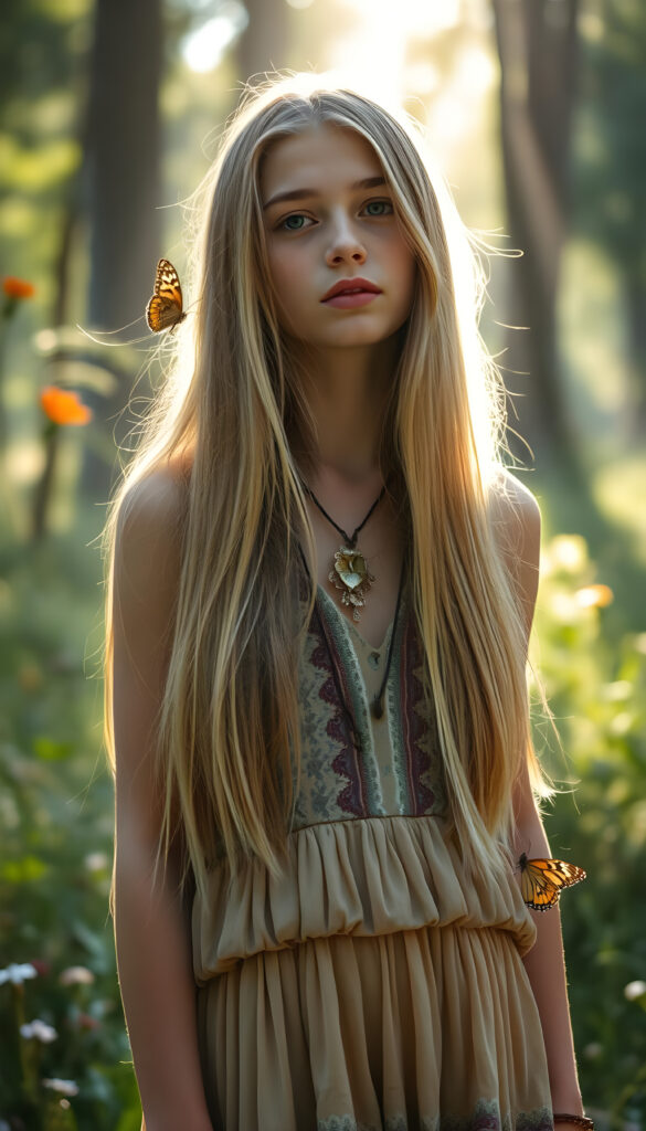 A vibrant and energetic young hippie teen girl, 18 years old, with flowing golden straight hair and flawless skin, stands against a backdrop of lush, whimsical forest. Her attire is a mix of earthy tones and bohemian flair, featuring a flowy, patterned dress with intricate embroidery. She has a dreamy expression, her full lips slightly parted as if in awe of the natural beauty surrounding her. The lighting is soft and ethereal, with sunbeams filtering through the trees, casting a golden glow and creating a magical atmosphere. The scene is alive with wildflowers and butterflies, enhancing the sense of peace and connection with nature.