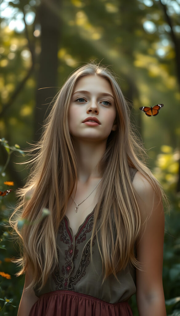 A vibrant and energetic young hippie teen girl, 18 years old, with flowing golden straight hair and flawless skin, stands against a backdrop of lush, whimsical forest. Her attire is a mix of earthy tones and bohemian flair, featuring a flowy, patterned dress with intricate embroidery. She has a dreamy expression, her full lips slightly parted as if in awe of the natural beauty surrounding her. The lighting is soft and ethereal, with sunbeams filtering through the trees, casting a golden glow and creating a magical atmosphere. The scene is alive with wildflowers and butterflies, enhancing the sense of peace and connection with nature.