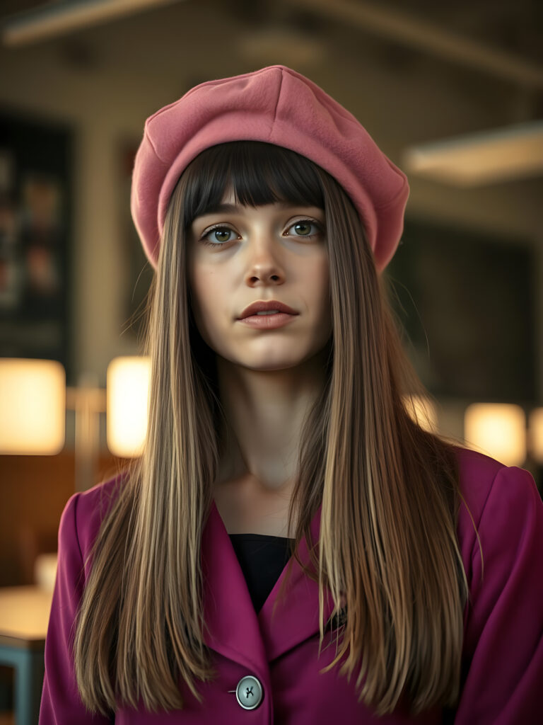 A vibrant and imaginative portrait of a young woman with straight golden hair cascading down her shoulders, wearing a stylish pink beret. She has long, straight, dark brown hair that frames her face. Her expression is intelligent and confident, enhanced by her sharp, bright eyes. She is dressed in a vivid purple jacket with a white collar, adding a pop of color to the scene. The classroom setting is bathed in warm, golden lighting, creating a cozy atmosphere. The background is softly blurred, drawing attention to her striking features and attire.