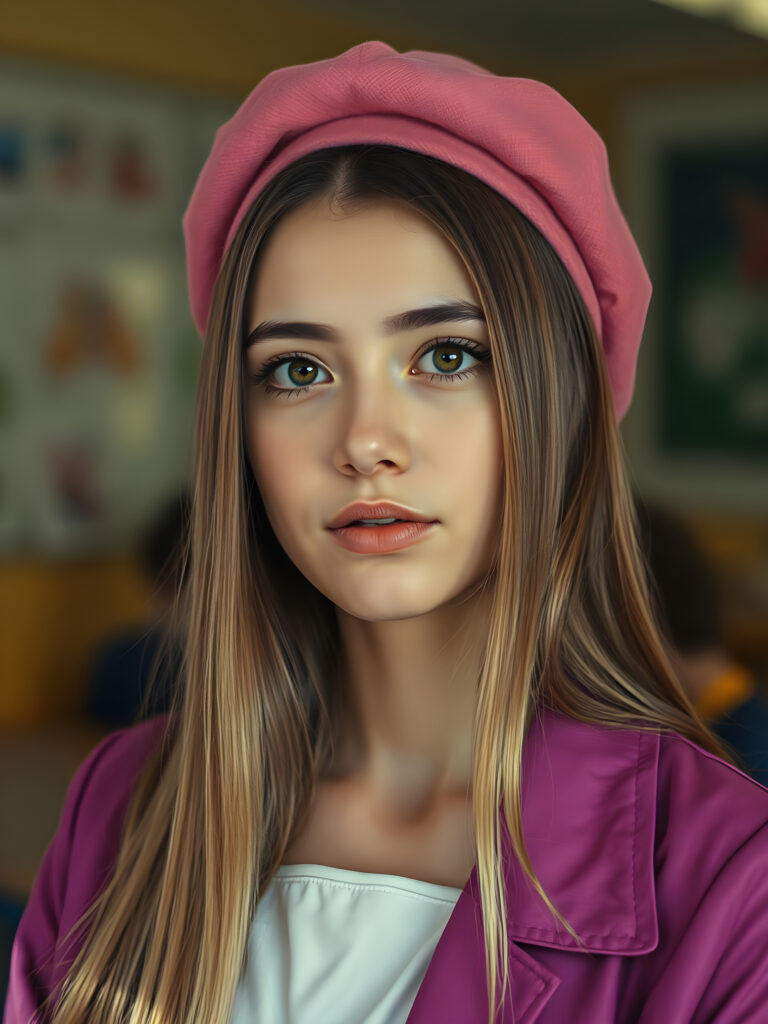 A vibrant and imaginative portrait of a young woman with straight golden hair cascading down her shoulders, wearing a stylish pink beret. She has long, straight, dark brown hair that frames her face. Her expression is intelligent and confident, enhanced by her sharp, bright eyes. She is dressed in a vivid purple jacket with a white collar, adding a pop of color to the scene. The classroom setting is bathed in warm, golden lighting, creating a cozy atmosphere. The background is softly blurred, drawing attention to her striking features and attire.