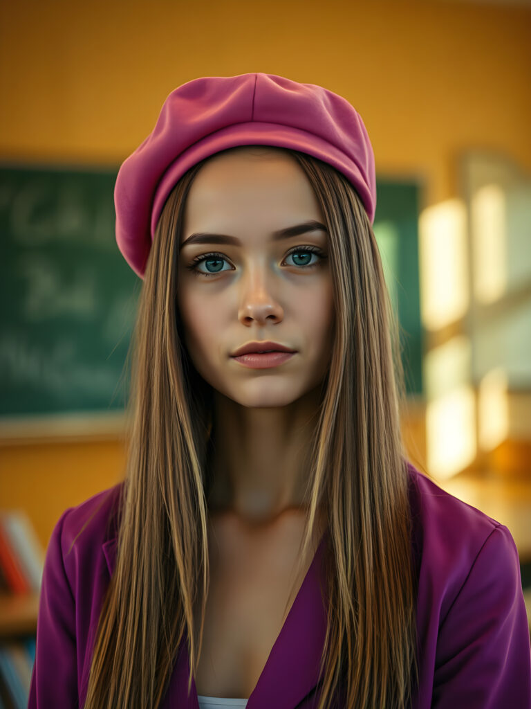 A vibrant and imaginative portrait of a young woman with straight golden hair cascading down her shoulders, wearing a stylish pink beret. She has long, straight, dark brown hair that frames her face. Her expression is intelligent and confident, enhanced by her sharp, bright eyes. She is dressed in a vivid purple jacket with a white collar, adding a pop of color to the scene. The classroom setting is bathed in warm, golden lighting, creating a cozy atmosphere. The background is softly blurred, drawing attention to her striking features and attire.