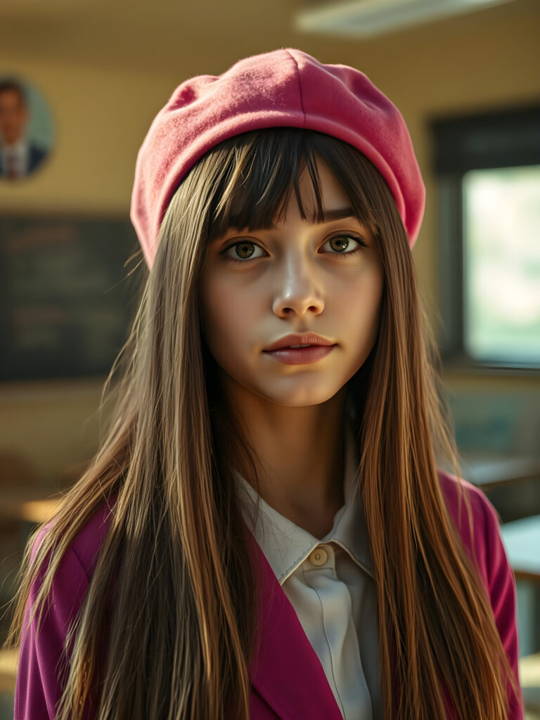 A vibrant and imaginative portrait of a young woman with straight golden hair cascading down her shoulders, wearing a stylish pink beret. She has long, straight, dark brown hair that frames her face. Her expression is intelligent and confident, enhanced by her sharp, bright eyes. She is dressed in a vivid purple jacket with a white collar, adding a pop of color to the scene. The classroom setting is bathed in warm, golden lighting, creating a cozy atmosphere. The background is softly blurred, drawing attention to her striking features and attire.