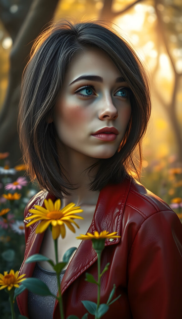 A vibrant and imaginative portrait of a young woman with shoulder-length, dark brown hair framing her face, her hair perfectly balanced on both sides. She has full, plump lips and sparkling blue eyes, adorned with playful freckles that dance across her cheeks. She wears a stylish, thin red leather jacket that contrasts beautifully with her fair complexion. The scene is set in a whimsical garden, with colorful flowers blooming in the foreground and a soft, golden light filtering through the trees, casting a magical glow on her face. She gazes to the side, capturing a moment of serene contemplation, surrounded by a dreamy, fantasy-like atmosphere.