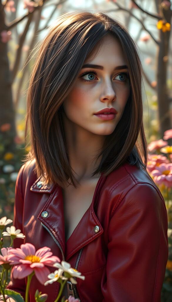 A vibrant and imaginative portrait of a young woman with shoulder-length, dark brown hair framing her face, her hair perfectly balanced on both sides. She has full, plump lips and sparkling blue eyes, adorned with playful freckles that dance across her cheeks. She wears a stylish, thin red leather jacket that contrasts beautifully with her fair complexion. The scene is set in a whimsical garden, with colorful flowers blooming in the foreground and a soft, golden light filtering through the trees, casting a magical glow on her face. She gazes to the side, capturing a moment of serene contemplation, surrounded by a dreamy, fantasy-like atmosphere.