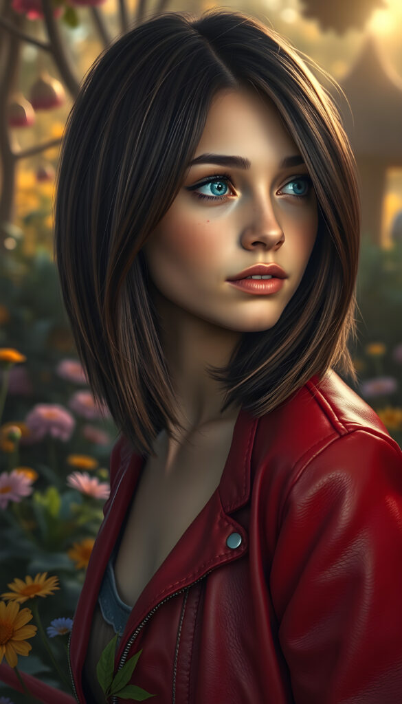 A vibrant and imaginative portrait of a young woman with shoulder-length, dark brown hair framing her face, her hair perfectly balanced on both sides. She has full, plump lips and sparkling blue eyes, adorned with playful freckles that dance across her cheeks. She wears a stylish, thin red leather jacket that contrasts beautifully with her fair complexion. The scene is set in a whimsical garden, with colorful flowers blooming in the foreground and a soft, golden light filtering through the trees, casting a magical glow on her face. She gazes to the side, capturing a moment of serene contemplation, surrounded by a dreamy, fantasy-like atmosphere.