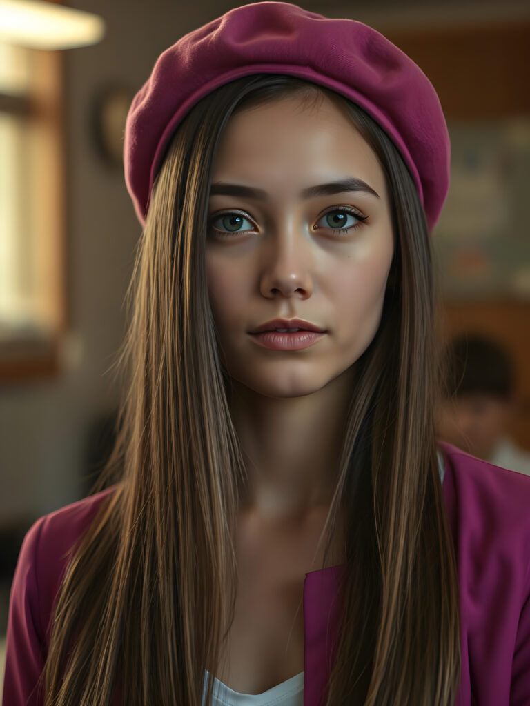 A vibrant and imaginative portrait of a young woman with straight golden hair cascading down her shoulders, wearing a stylish pink beret. She has long, straight, dark brown hair that frames her face. Her expression is intelligent and confident, enhanced by her sharp, bright eyes. She is dressed in a vivid purple jacket with a white collar, adding a pop of color to the scene. The classroom setting is bathed in warm, golden lighting, creating a cozy atmosphere. The background is softly blurred, drawing attention to her striking features and attire.