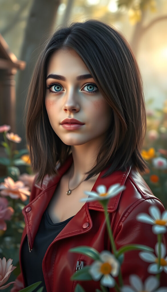 A vibrant and imaginative portrait of a young woman with shoulder-length, dark brown hair framing her face, her hair perfectly balanced on both sides. She has full, plump lips and sparkling blue eyes, adorned with playful freckles that dance across her cheeks. She wears a stylish, thin red leather jacket that contrasts beautifully with her fair complexion. The scene is set in a whimsical garden, with colorful flowers blooming in the foreground and a soft, golden light filtering through the trees, casting a magical glow on her face. She gazes to the side, capturing a moment of serene contemplation, surrounded by a dreamy, fantasy-like atmosphere.
