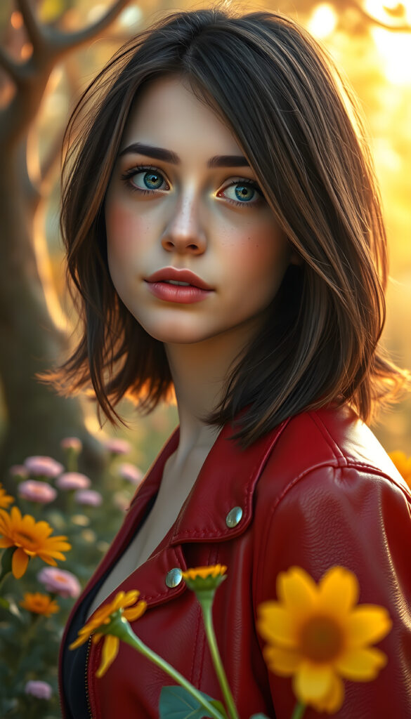 A vibrant and imaginative portrait of a young woman with shoulder-length, dark brown hair framing her face, her hair perfectly balanced on both sides. She has full, plump lips and sparkling blue eyes, adorned with playful freckles that dance across her cheeks. She wears a stylish, thin red leather jacket that contrasts beautifully with her fair complexion. The scene is set in a whimsical garden, with colorful flowers blooming in the foreground and a soft, golden light filtering through the trees, casting a magical glow on her face. She gazes to the side, capturing a moment of serene contemplation, surrounded by a dreamy, fantasy-like atmosphere.