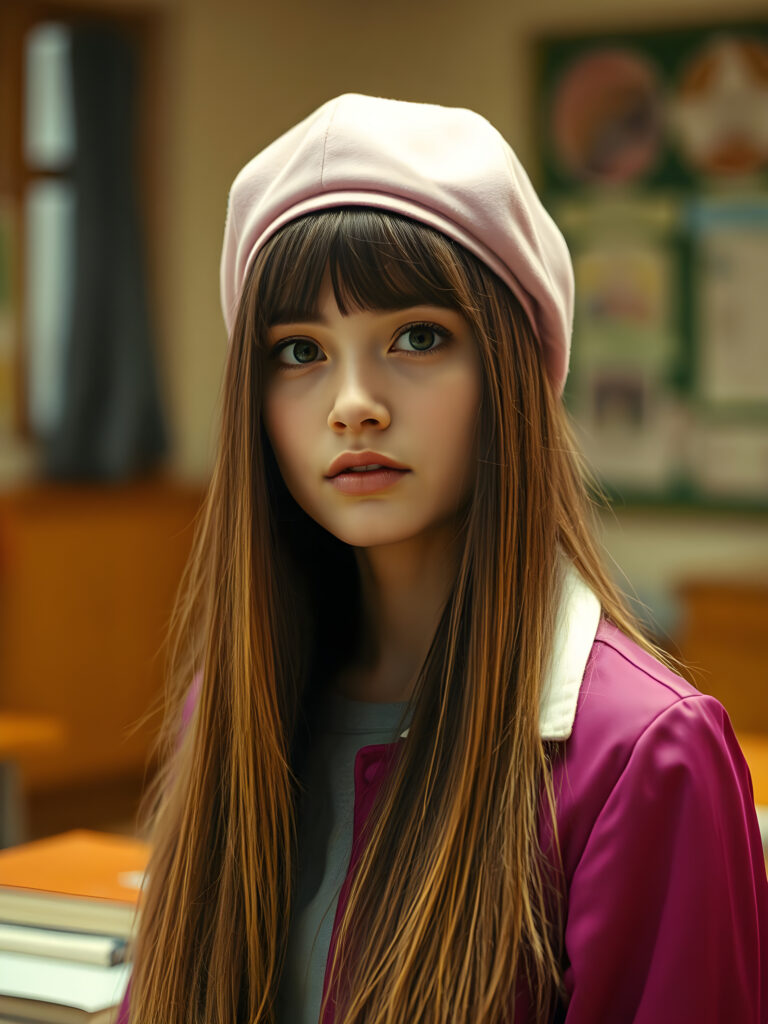 A vibrant and imaginative portrait of a young woman with straight golden hair cascading down her shoulders, wearing a stylish pink beret. She has long, straight, dark brown hair that frames her face. Her expression is intelligent and confident, enhanced by her sharp, bright eyes. She is dressed in a vivid purple jacket with a white collar, adding a pop of color to the scene. The classroom setting is bathed in warm, golden lighting, creating a cozy atmosphere. The background is softly blurred, drawing attention to her striking features and attire.