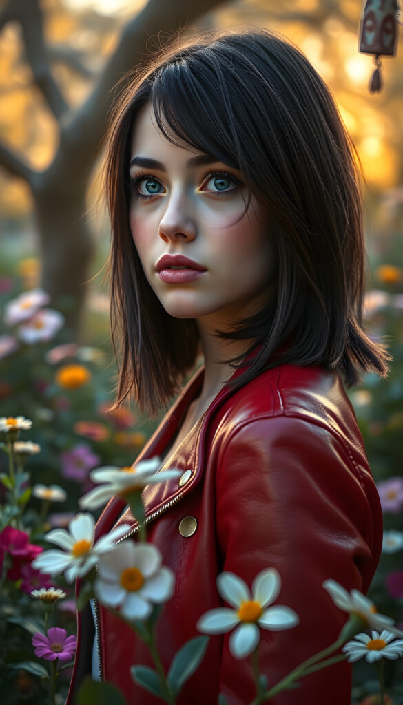 A vibrant and imaginative portrait of a young woman with shoulder-length, dark brown hair framing her face, her hair perfectly balanced on both sides. She has full, plump lips and sparkling blue eyes, adorned with playful freckles that dance across her cheeks. She wears a stylish, thin red leather jacket that contrasts beautifully with her fair complexion. The scene is set in a whimsical garden, with colorful flowers blooming in the foreground and a soft, golden light filtering through the trees, casting a magical glow on her face. She gazes to the side, capturing a moment of serene contemplation, surrounded by a dreamy, fantasy-like atmosphere.
