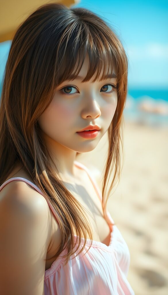 A vibrant and playful summer scene featuring a young, beautiful girl with long, straight light brown hair styled in soft bangs. She wears a pastel pink spaghetti strap top, and her expressive eyes sparkle with curiosity. The background is a soft gradient of warm, sandy beige transitioning to a sky blue, with subtle bokeh effects resembling distant lights or beach umbrellas. The lighting is bright and sunny, casting gentle shadows that highlight her youthful charm. Her pose is relaxed, slightly leaning forward with one hand gently resting on her hip, exuding confidence and joy. The overall composition is dynamic and cheerful, capturing the essence of a fun-filled day at the beach.