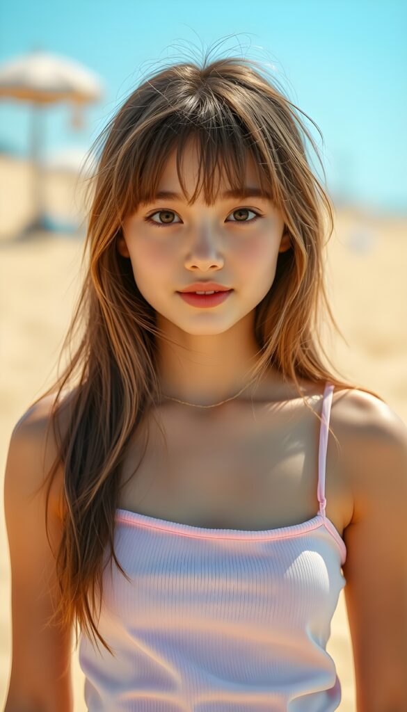 A vibrant and playful summer scene featuring a young, beautiful girl with long, straight light brown hair styled in soft bangs. She wears a pastel pink spaghetti strap top, and her expressive eyes sparkle with curiosity. The background is a soft gradient of warm, sandy beige transitioning to a sky blue, with subtle bokeh effects resembling distant lights or beach umbrellas. The lighting is bright and sunny, casting gentle shadows that highlight her youthful charm. Her pose is relaxed, slightly leaning forward with one hand gently resting on her hip, exuding confidence and joy. The overall composition is dynamic and cheerful, capturing the essence of a fun-filled day at the beach.
