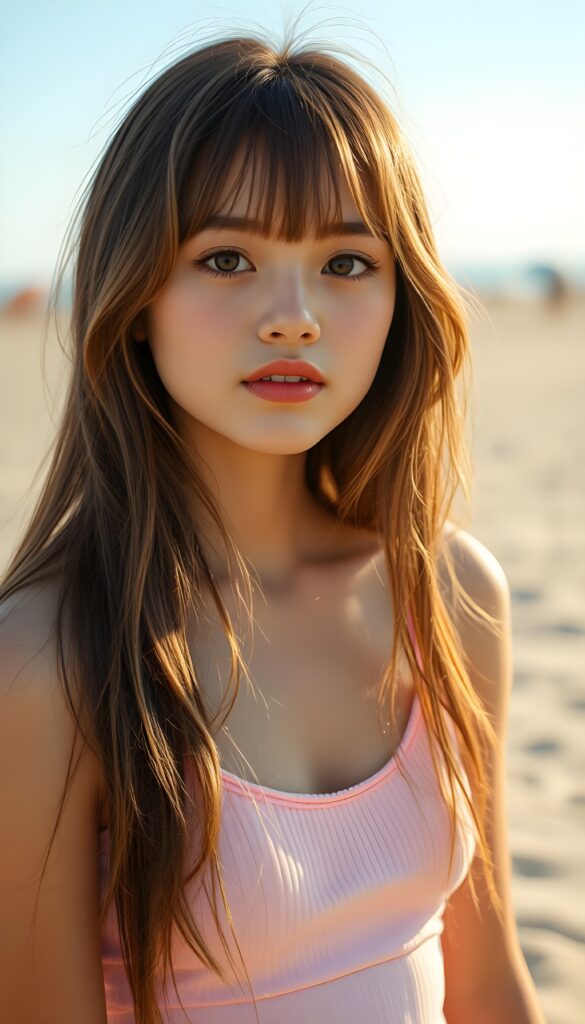 A vibrant and playful summer scene featuring a young, beautiful girl with long, straight light brown hair styled in soft bangs. She wears a pastel pink spaghetti strap top, and her expressive eyes sparkle with curiosity. The background is a soft gradient of warm, sandy beige transitioning to a sky blue, with subtle bokeh effects resembling distant lights or beach umbrellas. The lighting is bright and sunny, casting gentle shadows that highlight her youthful charm. Her pose is relaxed, slightly leaning forward with one hand gently resting on her hip, exuding confidence and joy. The overall composition is dynamic and cheerful, capturing the essence of a fun-filled day at the beach.