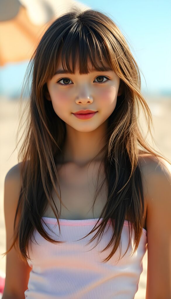 A vibrant and playful summer scene featuring a young, beautiful girl with long, straight light brown hair styled in soft bangs. She wears a pastel pink spaghetti strap top, and her expressive eyes sparkle with curiosity. The background is a soft gradient of warm, sandy beige transitioning to a sky blue, with subtle bokeh effects resembling distant lights or beach umbrellas. The lighting is bright and sunny, casting gentle shadows that highlight her youthful charm. Her pose is relaxed, slightly leaning forward with one hand gently resting on her hip, exuding confidence and joy. The overall composition is dynamic and cheerful, capturing the essence of a fun-filled day at the beach.