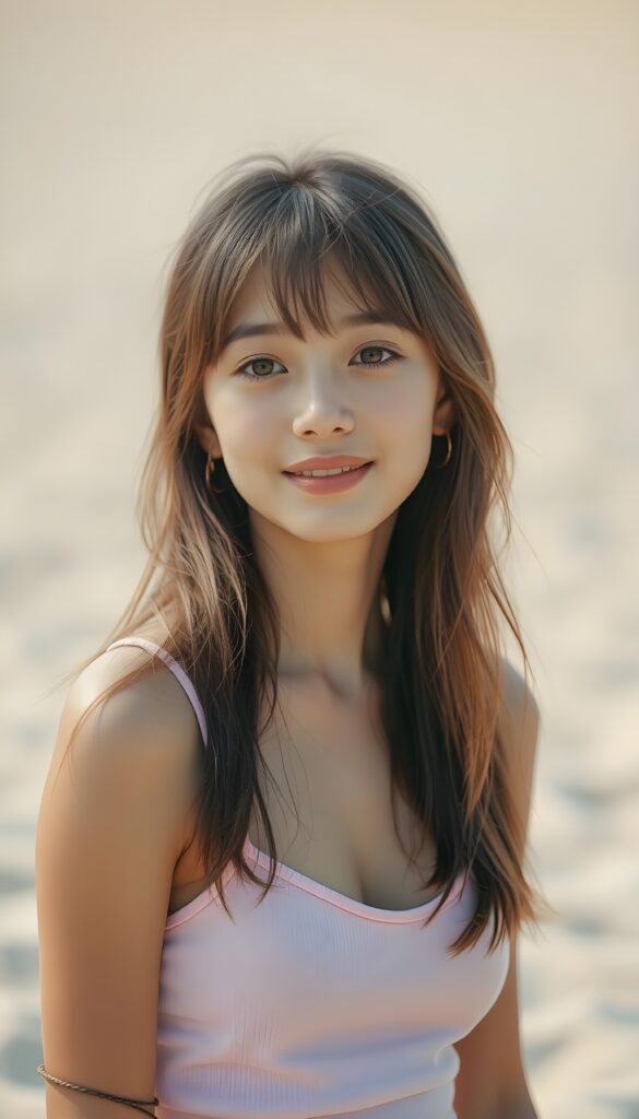 A vibrant and playful summer scene featuring a young, beautiful girl with long, straight light brown hair styled in soft bangs. She wears a pastel pink spaghetti strap top, and her expressive eyes sparkle with curiosity. The background is a soft gradient of warm, sandy beige transitioning to a sky blue, with subtle bokeh effects resembling distant lights or beach umbrellas. The lighting is bright and sunny, casting gentle shadows that highlight her youthful charm. Her pose is relaxed, slightly leaning forward with one hand gently resting on her hip, exuding confidence and joy. The overall composition is dynamic and cheerful, capturing the essence of a fun-filled day at the beach.
