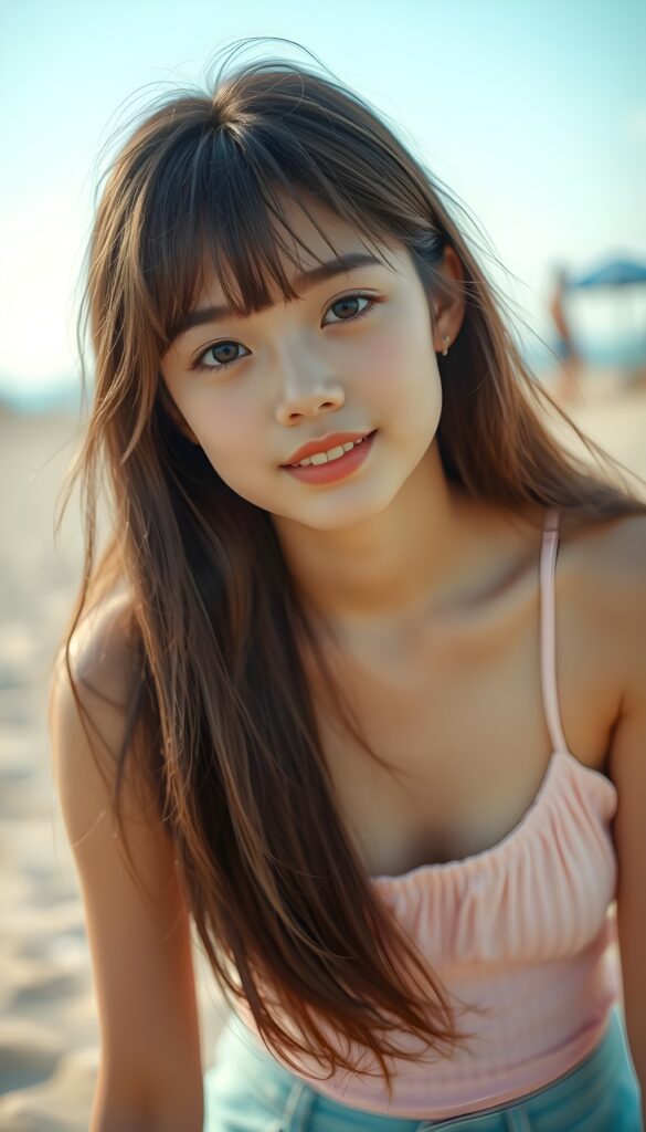 A vibrant and playful summer scene featuring a young, beautiful girl with long, straight light brown hair styled in soft bangs. She wears a pastel pink spaghetti strap top, and her expressive eyes sparkle with curiosity. The background is a soft gradient of warm, sandy beige transitioning to a sky blue, with subtle bokeh effects resembling distant lights or beach umbrellas. The lighting is bright and sunny, casting gentle shadows that highlight her youthful charm. Her pose is relaxed, slightly leaning forward with one hand gently resting on her hip, exuding confidence and joy. The overall composition is dynamic and cheerful, capturing the essence of a fun-filled day at the beach.