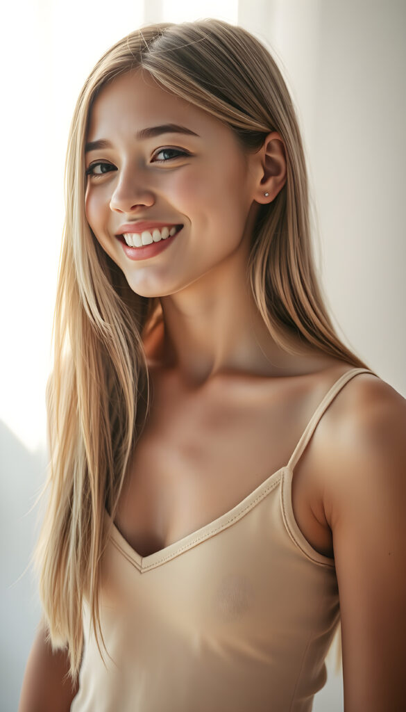 A vibrant and radiant young woman with long straight, light amber hair and white highlights, wearing a light amber short tank top with a deep V-neck. She has a radiant smile, revealing white teeth, exuding joy and youthfulness. Her petite, perfectly proportioned figure is accentuated by her clothing. She stands against a pristine white backdrop, with sunlight filtering through, casting a warm glow. Her side view reveals a youthful, elegant presence, with a cute, detailed face that sparkles with innocence and happiness.