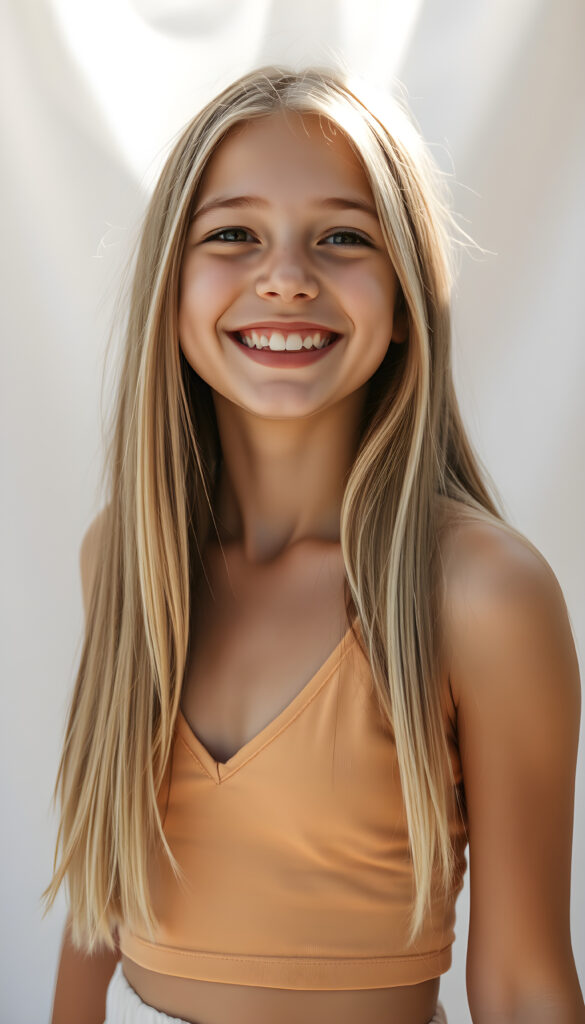 A vibrant and radiant young teen girl with long straight, light amber hair and white highlights same length, wearing a light amber short cropped tank top with a deep V-neck. She has a inviting smile, revealing white teeth, exuding joy and youthfulness. Her petite, perfectly proportioned figure is accentuated by her clothing. She stands against a pristine white backdrop, with sunlight filtering through, casting a warm glow. Her side view reveals a youthful, elegant presence, with a cute, detailed face that sparkles with innocence and happiness.