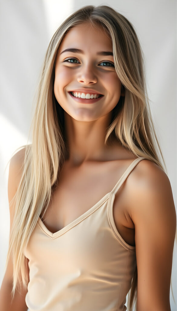 A vibrant and radiant young woman with long straight, light amber hair and white highlights, wearing a light amber short tank top with a deep V-neck. She has a radiant smile, revealing white teeth, exuding joy and youthfulness. Her petite, perfectly proportioned figure is accentuated by her clothing. She stands against a pristine white backdrop, with sunlight filtering through, casting a warm glow. Her side view reveals a youthful, elegant presence, with a cute, detailed face that sparkles with innocence and happiness.