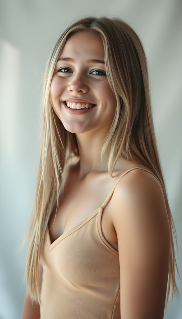 A vibrant and radiant young woman with long straight, light amber hair and white highlights, wearing a light amber short tank top with a deep V-neck. She has a radiant smile, revealing white teeth, exuding joy and youthfulness. Her petite, perfectly proportioned figure is accentuated by her clothing. She stands against a pristine white backdrop, with sunlight filtering through, casting a warm glow. Her side view reveals a youthful, elegant presence, with a cute, detailed face that sparkles with innocence and happiness.
