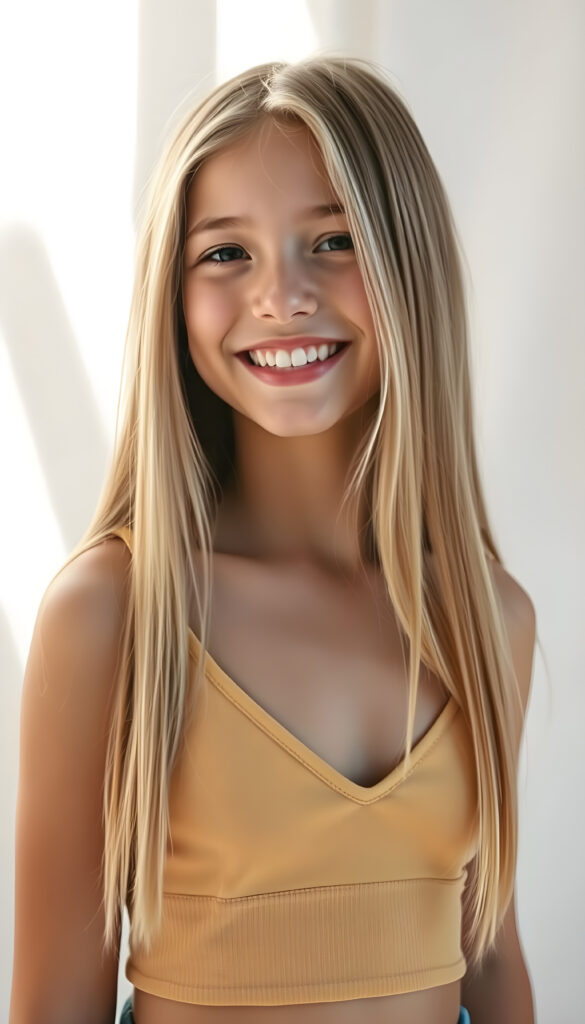 A vibrant and radiant young teen girl with long straight, light amber hair and white highlights same length, wearing a light amber short cropped tank top with a deep V-neck. She has a inviting smile, revealing white teeth, exuding joy and youthfulness. Her petite, perfectly proportioned figure is accentuated by her clothing. She stands against a pristine white backdrop, with sunlight filtering through, casting a warm glow. Her side view reveals a youthful, elegant presence, with a cute, detailed face that sparkles with innocence and happiness.