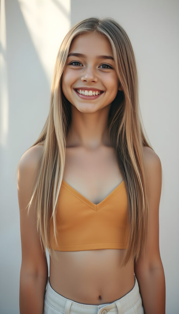 A vibrant and radiant young teen girl with long straight, light amber hair and white highlights same length, wearing a light amber short cropped tank top with a deep V-neck. She has a inviting smile, revealing white teeth, exuding joy and youthfulness. Her petite, perfectly proportioned figure is accentuated by her clothing. She stands against a pristine white backdrop, with sunlight filtering through, casting a warm glow. Her side view reveals a youthful, elegant presence, with a cute, detailed face that sparkles with innocence and happiness.