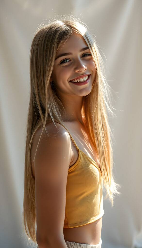A vibrant and radiant young teen girl with long straight, light amber hair and white highlights same length, wearing a light amber short cropped tank top with a deep V-neck. She has a inviting smile, revealing white teeth, exuding joy and youthfulness. Her petite, perfectly proportioned figure is accentuated by her clothing. She stands against a pristine white backdrop, with sunlight filtering through, casting a warm glow. Her side view reveals a youthful, elegant presence, with a cute, detailed face that sparkles with innocence and happiness.