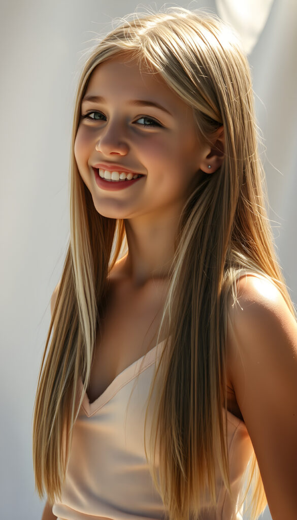A vibrant and radiant young teen girl with long straight, light amber hair and white highlights same length, wearing a light amber short cropped tank top with a deep V-neck. She has a inviting smile, revealing white teeth, exuding joy and youthfulness. Her petite, perfectly proportioned figure is accentuated by her clothing. She stands against a pristine white backdrop, with sunlight filtering through, casting a warm glow. Her side view reveals a youthful, elegant presence, with a cute, detailed face that sparkles with innocence and happiness.