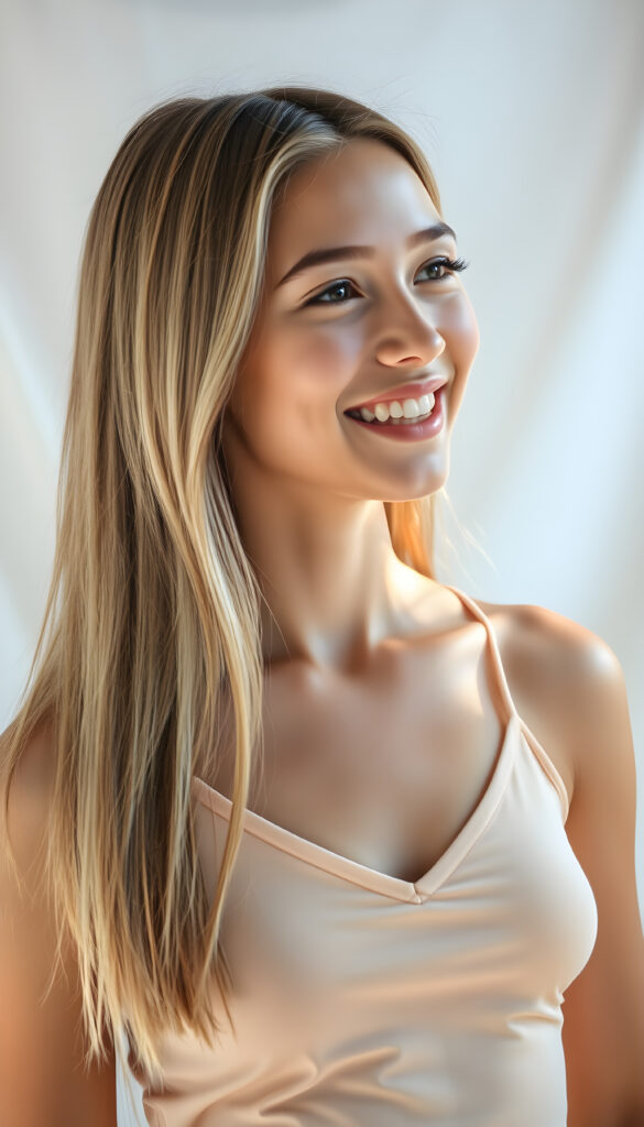 A vibrant and radiant young woman with long straight, light amber hair and white highlights, wearing a light amber short tank top with a deep V-neck. She has a radiant smile, revealing white teeth, exuding joy and youthfulness. Her petite, perfectly proportioned figure is accentuated by her clothing. She stands against a pristine white backdrop, with sunlight filtering through, casting a warm glow. Her side view reveals a youthful, elegant presence, with a cute, detailed face that sparkles with innocence and happiness.