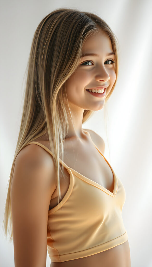 A vibrant and radiant young teen girl with long straight, light amber hair and white highlights same length, wearing a light amber short cropped tank top with a deep V-neck. She has a inviting smile, revealing white teeth, exuding joy and youthfulness. Her petite, perfectly proportioned figure is accentuated by her clothing. She stands against a pristine white backdrop, with sunlight filtering through, casting a warm glow. Her side view reveals a youthful, elegant presence, with a cute, detailed face that sparkles with innocence and happiness.