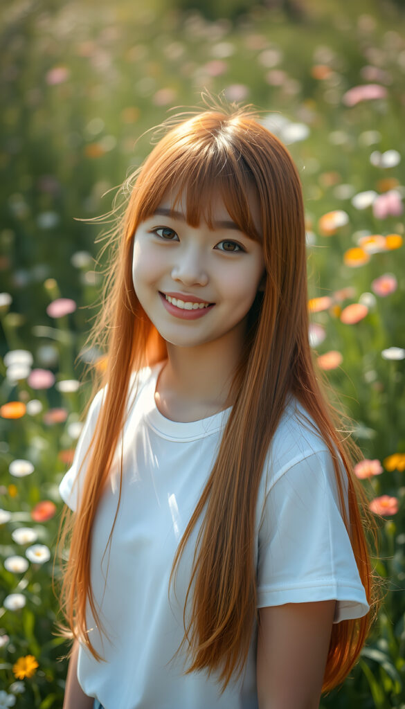 A vibrant and whimsical scene featuring a cheerful teenage girl with adorable Korean-style bangs and a perfectly curved silhouette. Her ultra-realistic face is adorned with sparkling amber eyes and a subtle smile, revealing her white teeth. Her long, straight orange hair cascades down in a soft, flowing manner. She wears a crisp white t-shirt, adding to her fresh and youthful appearance. The setting is a sunlit meadow with lush greenery and blooming flowers, creating a magical atmosphere. The image is richly saturated, with deep shadows and ultra-high resolution, making it a stunning masterpiece that captures the essence of innocence and beauty.
