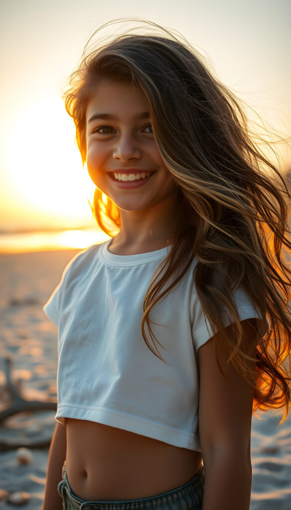 A vibrant and whimsical scene featuring a cheerful, young girl with long, wavy dark hair adorned with golden highlights. She wears a playful, white plain, cropped t-shirt, smiling warmly as she stands on a sandy beach. Her hair flows elegantly, cascading down her back. The setting sun casts a warm, golden glow, creating a serene and magical atmosphere. The beach is adorned with playful elements, such as seashells and driftwood, adding to the lively ambiance. The image captures dynamic angles, highlighting the beauty of the sunset and the joy of the moment.