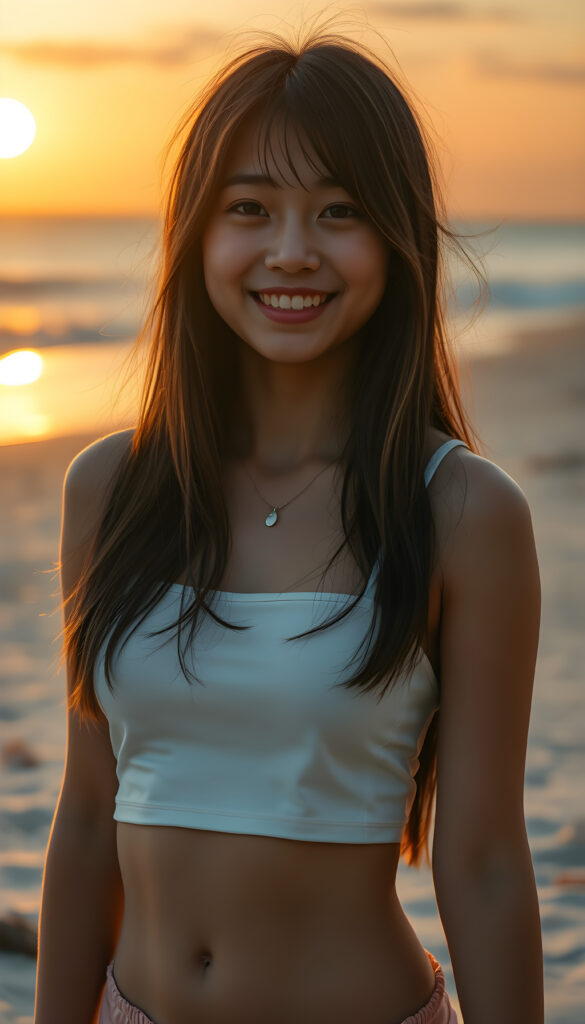 A vibrant and whimsical scene featuring a cheerful, young adult Japanese teen well busty girl with super straight dark hair adorned with golden highlights. She wears a playful, white plain, thin cropped sport spaghetti tank top, smiling warmly as she stands on a sandy beach. Her hair falls elegantly, cascading down her back. The setting sun casts a warm, golden glow, creating a serene and magical atmosphere. The beach is adorned with playful elements, such as seashells and driftwood, adding to the lively ambiance. The image captures dynamic angles, highlighting the beauty of the sunset and the joy of the moment.