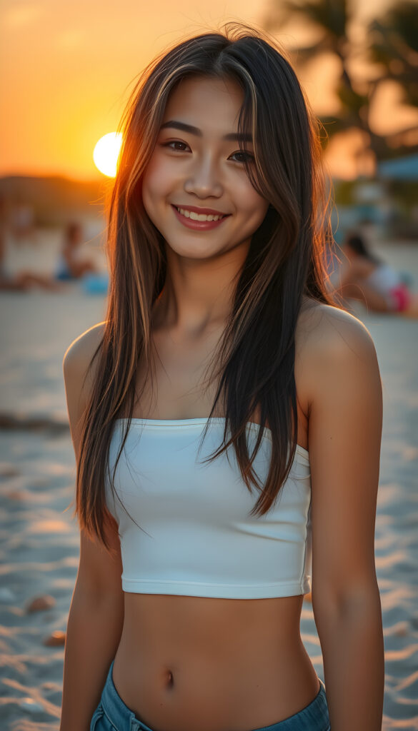 A vibrant and whimsical scene featuring a cheerful, young adult Japanese teen well busty girl with super straight dark hair adorned with golden highlights. She wears a playful, white plain, thin cropped sport spaghetti tank top, smiling warmly as she stands on a sandy beach. Her hair falls elegantly, cascading down her back. The setting sun casts a warm, golden glow, creating a serene and magical atmosphere. The beach is adorned with playful elements, such as seashells and driftwood, adding to the lively ambiance. The image captures dynamic angles, highlighting the beauty of the sunset and the joy of the moment.