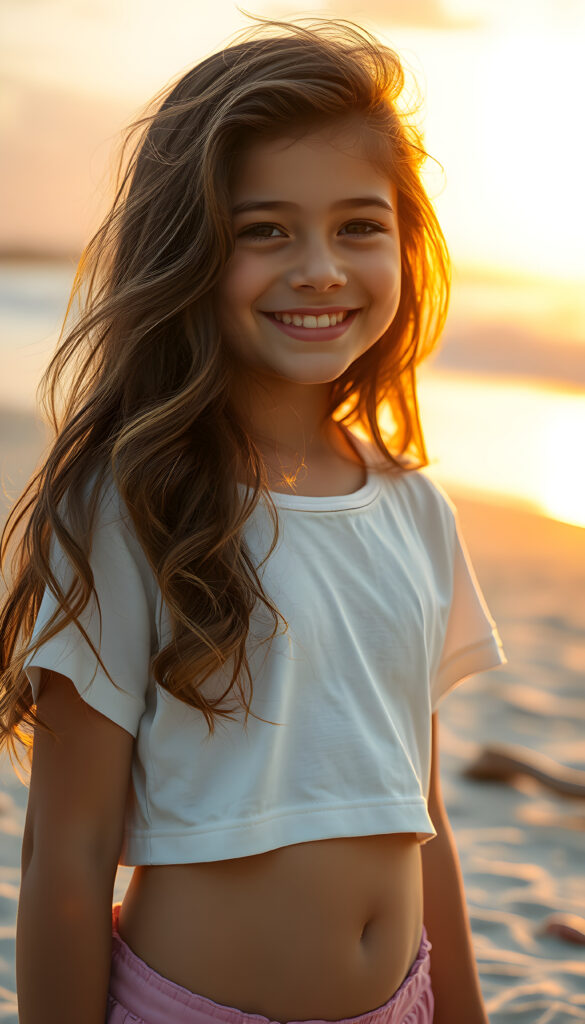 A vibrant and whimsical scene featuring a cheerful, young girl with long, wavy dark hair adorned with golden highlights. She wears a playful, white plain, cropped t-shirt, smiling warmly as she stands on a sandy beach. Her hair flows elegantly, cascading down her back. The setting sun casts a warm, golden glow, creating a serene and magical atmosphere. The beach is adorned with playful elements, such as seashells and driftwood, adding to the lively ambiance. The image captures dynamic angles, highlighting the beauty of the sunset and the joy of the moment.