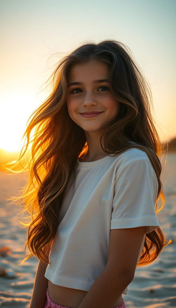 A vibrant and whimsical scene featuring a cheerful, young girl with long, wavy dark hair adorned with golden highlights. She wears a playful, white plain, cropped t-shirt, smiling warmly as she stands on a sandy beach. Her hair flows elegantly, cascading down her back. The setting sun casts a warm, golden glow, creating a serene and magical atmosphere. The beach is adorned with playful elements, such as seashells and driftwood, adding to the lively ambiance. The image captures dynamic angles, highlighting the beauty of the sunset and the joy of the moment.