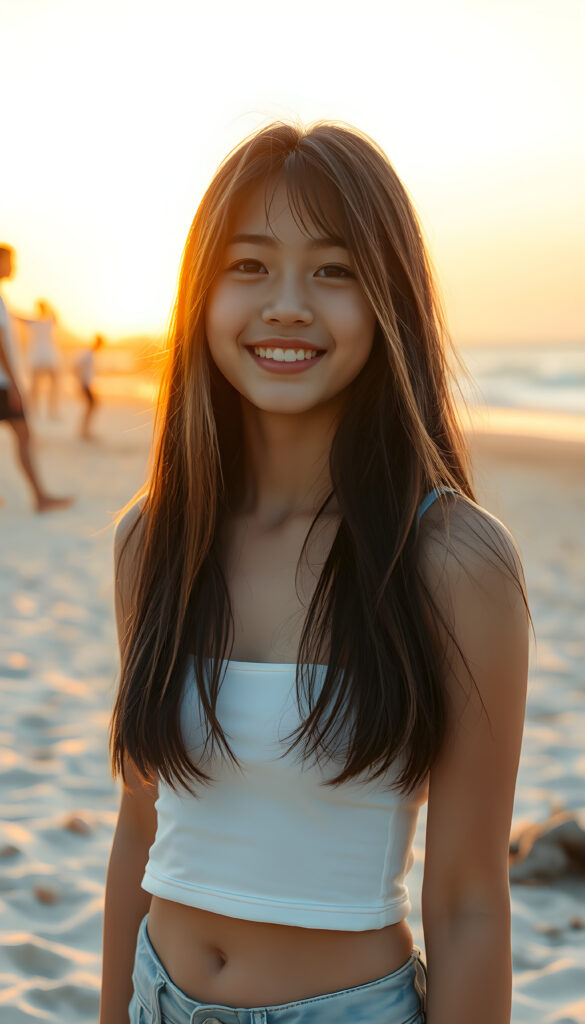 A vibrant and whimsical scene featuring a cheerful, young adult Japanese teen well busty girl with super straight dark hair adorned with golden highlights. She wears a playful, white plain, thin cropped sport spaghetti tank top, smiling warmly as she stands on a sandy beach. Her hair falls elegantly, cascading down her back. The setting sun casts a warm, golden glow, creating a serene and magical atmosphere. The beach is adorned with playful elements, such as seashells and driftwood, adding to the lively ambiance. The image captures dynamic angles, highlighting the beauty of the sunset and the joy of the moment.